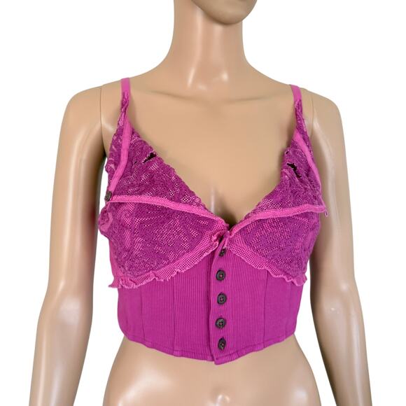 Free People Fuchsia Lace Corset Floral Top Barbiecore Coquette Boho Feminine S - Picture 1 of 9